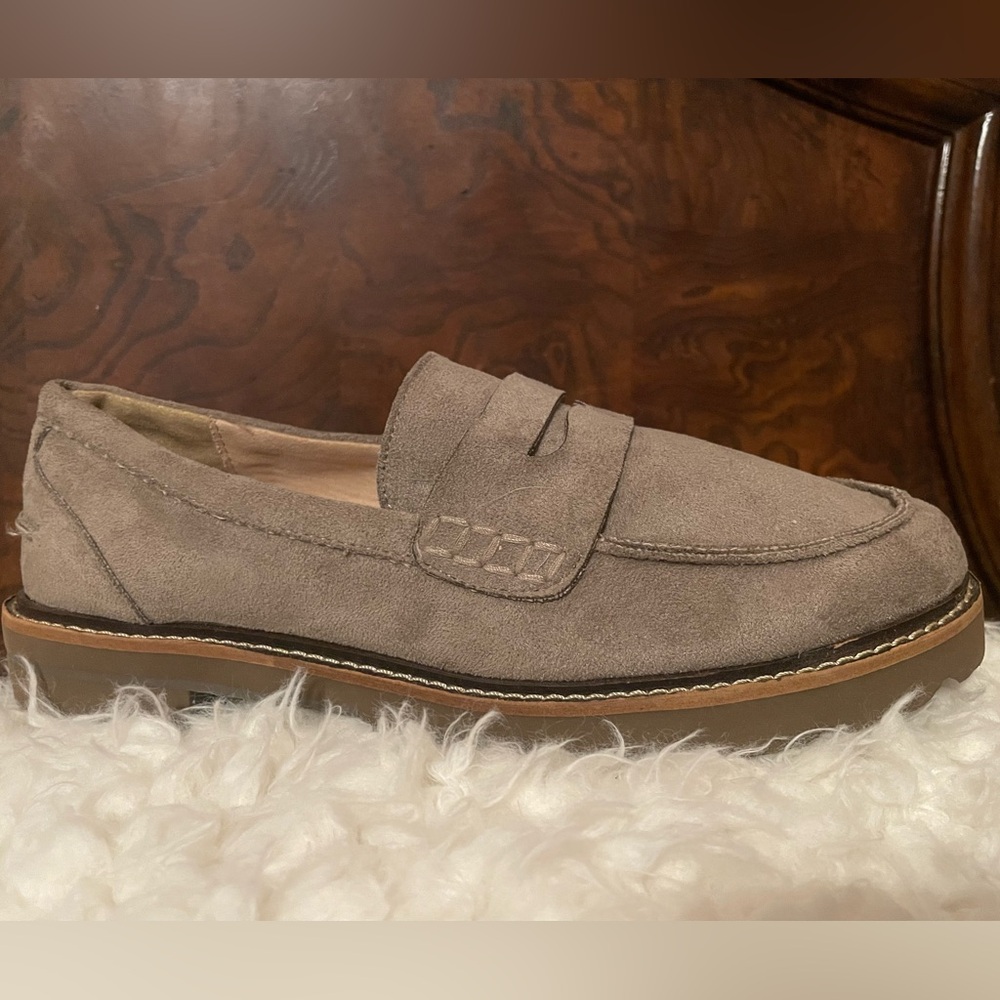Anne Klein Women’s Suede Penny Loafers in Taupe Gray